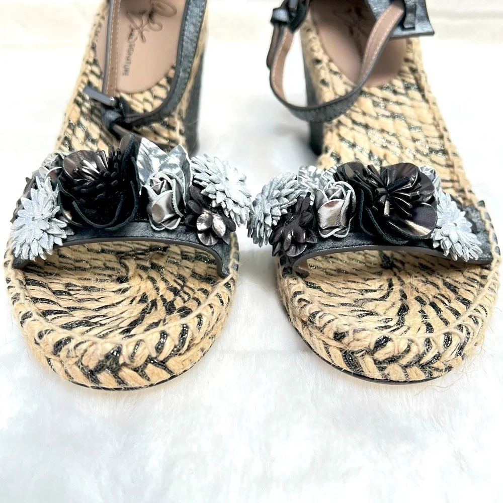 NEW Donald J Pliner Metallic Leather Flower Appliqué & Jute Wedge Heel Sandals